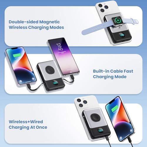 Ultimate 6-in-1 Magnetic Portable Charger, 10800 m Ah Power Bank for i Phone – Features Integrated Cables, Wireless Charging for Apple Watch, Smart LCD Display, and 25 W PD Fast Charging – Perfect Travel Accessory for All Devices with Enhanced Safety Features and Compatibility for i Phone 12 to 16 Series