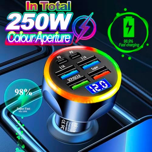 Ultimate 6-in-1 USB-C Car Charger Adapter with Voltage Display – 250 W Multi-Port Fast Charging Solution for i Phone 16 Pro Max, Samsung Galaxy, and Android Devices – Real-Time Power Monitoring and Enhanced Safety Features for Efficient Travel Charging