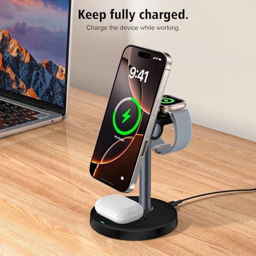 2025 Premium 3-in-1 Wireless Charging Station for i Phone 16/15/14/13/12, Apple Watch 9/Ultra 2, and Air Pods | 20 W Fast Charger with Mag-Safe Alignment, Sleek Black Bedside Dock for Enhanced Device Organization and Efficiency