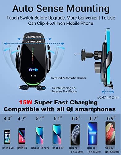 Experience Effortless Wireless Charging with the 15 W Fast Charging Auto-Clamping Car Phone Mount – Universal Compatibility for i Phone and Android Smartphones, Intelligent Dual Control Induction for Seamless Operation – Enhance Your Driving Convenience with Sleek Design and Secure Grip