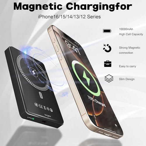 Slim Mag Safe Wireless Power Bank 10,000 m Ah for i Phone 16/15/14/13/12 – Lightweight Magnetic Charger with USB-C, Enhanced Fast Charging & 5 Safety Protections – Perfect for On-the-Go Power and Seamless Connectivity