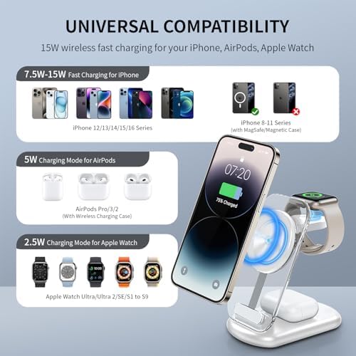 2025 Magnetic 3-in-1 Wireless Charging Station for i Phones, Apple Watches, and Air Pods – Fast Travel Charger with Integrated Light Indicator – Compact Design for Ultimate Portability – Perfect Gift for Tech-Savvy Couples – Compatible with i Phone 16, 15, 14, 13, 12 Pro Max Plus, Air Pods 4, 3, 2, Pro and Apple Watch Series – Enhance Your Charging Experience with Rapid Power-Up Technology