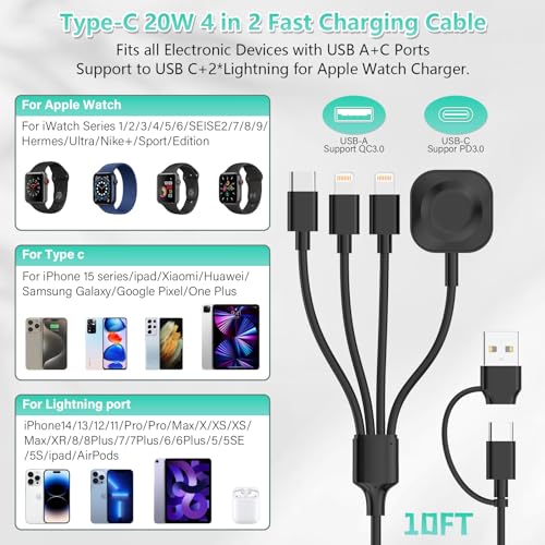 Universal 6-in-1 Multi-Device Charging Cable – 10 FT USB A/C Fast Charger for i Watch Ultra/SE/9/8/7/6/5/4/3 & i Phone 16/15/14/13/11/12/Galaxy Devices – Unmatched Durability, Travel-Ready Design & Seamless Connectivity for Efficient Power Solutions on the Go