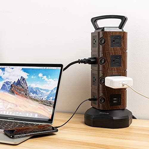 JACKYLED Power Strip Tower Surge Protector with 12 Outlets and 6 USB Ports (2 USB-C) – High-Speed Charging Station with 1050 Joules Protection, 1625 Watts, 6.5 ft Extension Cord for Enhanced Home Office Efficiency and Device Safety