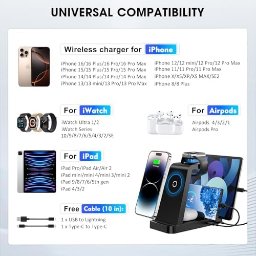 Revolutionize Your Charging Routine with the 5-in-1 Wireless Charging Station for i Phone – Fast, Efficient Dock for i Phone 16, 15, 14, 13, 12 Pro Max, Apple Watch, and Air Pods – Enhanced Compatibility, Intelligent Power Delivery, and Sleek Design for Clutter-Free Convenience