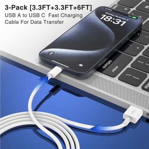 3-Pack Black [3.3FT+3.3FT+6FT] USB A to USB C Cable，USB to USB C Car Carplay Cable for iPhone 16 15 Pro Plus Pro Max，for iPad Pro/Air/Mini，for Samsung S24/S23/S22，for MacBook Pro/Air and More – Enhanced Compatibility and Speed