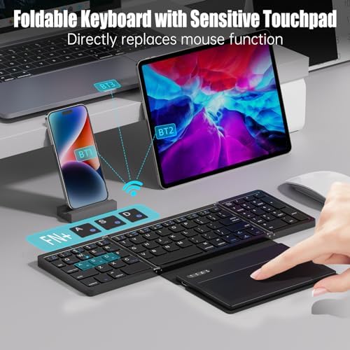 MOSHOU Portable Foldable Wireless Keyboard with Touchpad – Full-Size Rechargeable Bluetooth Keyboard for Effortless Typing Across Windows, i OS, Android, and Mac – Ultimate Travel Companion for Mobile Professionals and Tech Enthusiasts