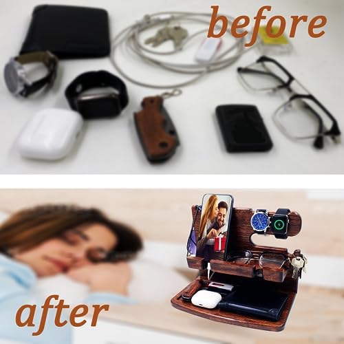 Gifts for Men Women Dad Husband Boyfriend Wood Phone Docking Station Nightstand Organizer for Men Birthday Gifts (Dark Brown) – Enhanced Compatibility and Speed
