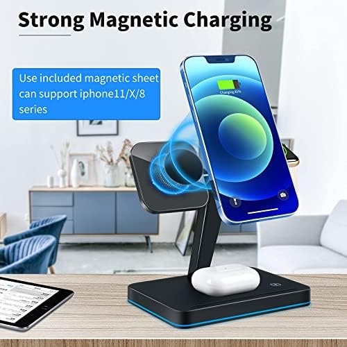 Transform Your Charging Experience with the 15 W Magnetic Wireless Charger – Ultimate 3-in-1 Qi Fast Charging Hub for i Phone 14/13/12, Apple Watch Series 7/SE/6/5/4/3/2 & Air Pods 3/2/Pro – Effortless Magnetic Alignment, Sleek Aesthetic, and Instant Use with Included Adapter – Maximize Performance and Extend Device Longevity for Home and Office Use