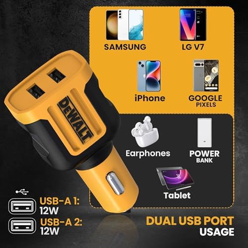 DEWALT 24 W Dual USB Car Charger Adapter – Heavy Duty Fast Charging Cigarette Lighter Power Source for i Phone, Samsung Galaxy & i Pad – Reliable, Durable & Safety-Enhanced On-the-Go Charging Solution for All Your Devices