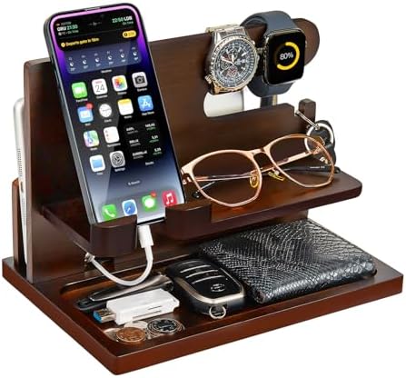 Gifts for Men Wood Phone Docking Station Gifts for him Husband Nightstand Organizer Cell Phone Stand Watch Holder Wallet Station Desk Organizers Gifts for Dad Birthday Gifts for Men (Brown) – Enhanced Compatibility and Speed