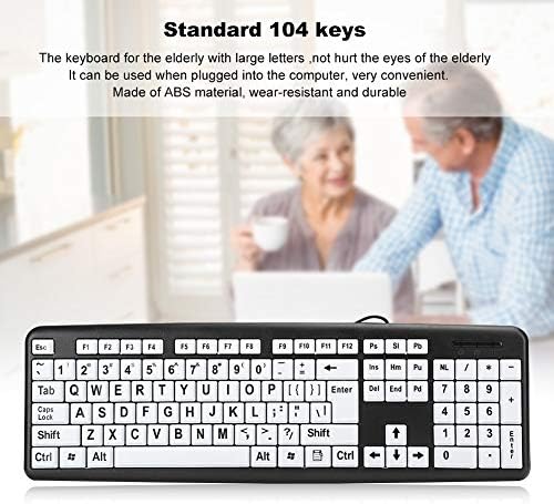 Large Print 104 Keys USB Wired Keyboard for Seniors and Visually Impaired – High Contrast Black & White Keys for Enhanced Visibility and Comfort – Ideal Computer Accessory for Low Vision Users