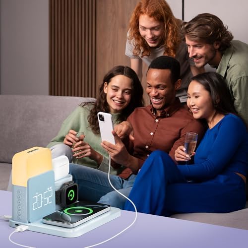 Elevate Your Nightstand with the 7-in-1 Wireless Alarm Clock Charging Station – Fast Mag-Safe Charger for i Phone 12-16 Pro Max, Apple Watch & Air Pods, Features Adjustable Night Light and Sleek Time Display for Ultimate Bedroom Convenience