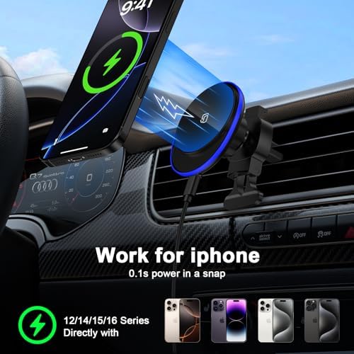 Mag Safe Car Mount Charger for Samsung Galaxy S25 Ultra Plus & More – 15 W Fast Wireless Charging Magnetic Air Vent Holder for i Phone 16 & Pixel 9 A – Secure, Convenient Phone Power Solution for Effortless Navigation