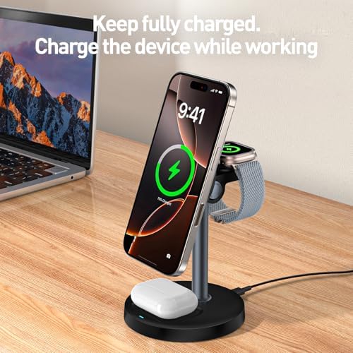 APSARAS 3-in-1 Wireless Charging Station for i Phone 16/15/14/13/12, Air Pods & Apple Watch Series S11 – Stylish Mag Safe Compatible Dock with Enhanced Speed and Safety Features for Clutter-Free Charging Solutions