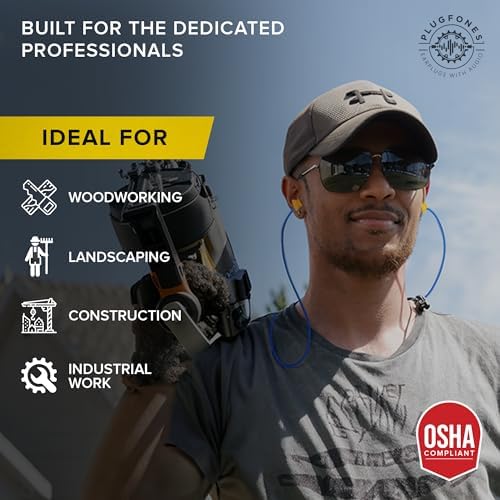 Plugfones Basic Pro Wireless Bluetooth Earplug Headphones – OSHA Compliant Noise Reduction Earbuds with 25 d B Protection, Noise Isolating Mic, and Stylish Blue & Yellow Design for Enhanced Comfort and Audio Performance