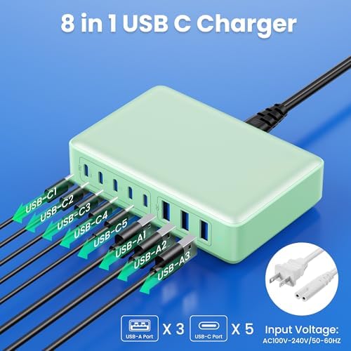 Revolutionary 300 W Ga N IV Technology USB-C Charging Hub – 8-Port Multi-Device Charger for Mac Book Pro/Air, DELL Laptops, i Phone 16/15/14 & Galaxy S25 – Sleek Navy Finish for Enhanced Home & Office Efficiency – Your Premier Solution for Rapid Device Power and Seamless Connectivity