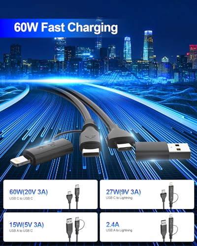 Versatile 4-in-1 Coiled USB C and Lightning Cable for i Phone 15 and 16 – 3 FT Fast Charging Car Charger Cord with 60 W Power Output, Stylish Pink Design, Compatible with Car Play and Android Auto for Ultimate Convenience and Enhanced Connectivity