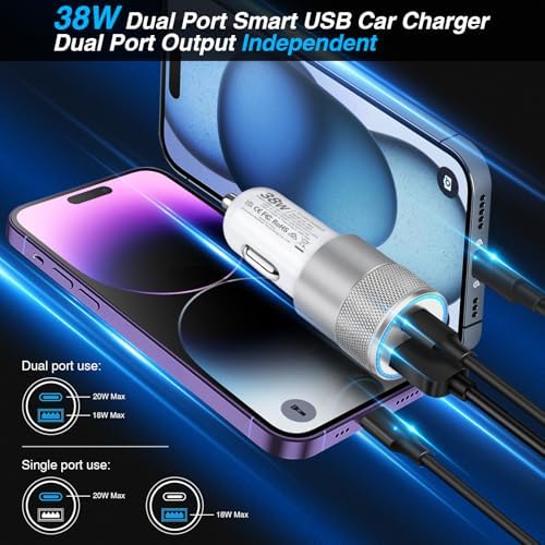 38 W Dual-Port USB C Car Charger – Fast Charging Adapter for i Phone, Samsung & Google Pixel – Compact Cigarette Lighter Charger – 5-Pack for Ultimate Compatibility & Convenience on the Go