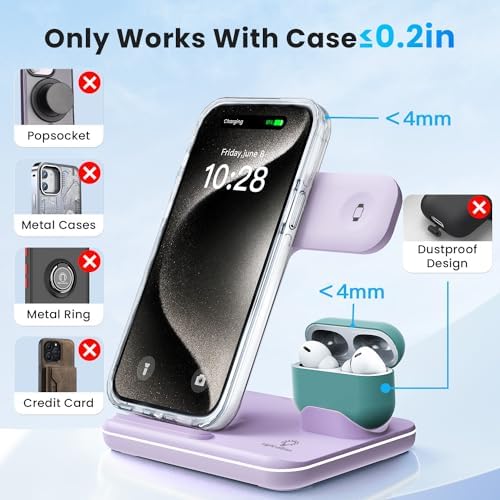 WAITIEE 3-in-1 Wireless Charging Station for i Phone, Apple Watch & Air Pods – Fast, Stylish Blue Charger with Enhanced Compatibility for i Phone 16, 15, 14, 13, 12, 11, X, 8 & Air Pods Pro – Ultimate Travel-Friendly Charging Solution with Safety Features