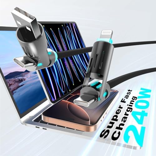 Ultimate 4-in-1 USB C Cable – 6 ft Multi-Device Charging Solution with 240 W Fast Charging, USB A/C to C & Lightning Compatibility, LED Indicator for Easy Use with i Phone 16/15/14 Pro, Mac Book, i Pad & Samsung Galaxy S25/S24 – Enhance Your Charging Experience with Durable Design and Optimal Flexibility