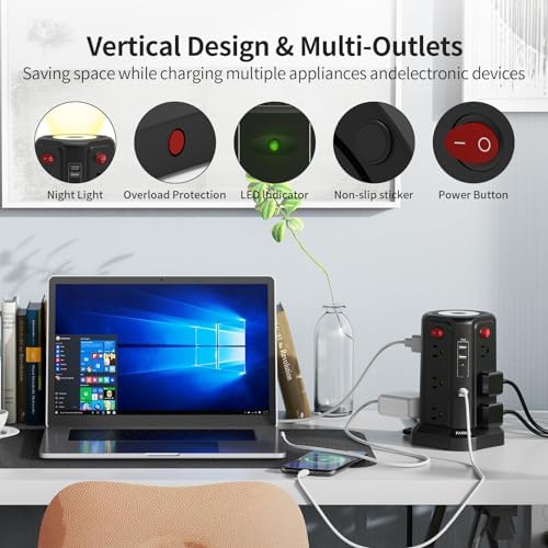 PASSUS 16 FT Long Surge Protector Power Strip with USB-C Fast Charging & Built-in Night Light – Versatile Charging Station for Home & Office with 4 USB Ports, Compact Tower Design, and Enhanced Surge Protection