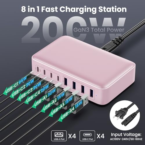 Powerful 200 W Ga N III USB C Multi-Device Charging Hub – 8-Port Rapid Charger for Mac Book Pro/Air, DELL, i Phone 16/15/14, Galaxy S23/22 – PD 65 W Laptop Adapter for Effortless Portability and Enhanced Connectivity Solutions