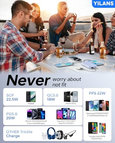 Extraordinary 42800 m Ah Portable Charger with Integrated Cables – 22.5 W PD Fast Charging Power Bank for i Phone 16/15/14/13/12 & Android – Charge Up to 6 Devices at Once with Advanced Safety Features – Optimal Travel Companion with User-Friendly LED Display Experience unparalleled charging capabilities with our cutting-edge 42800 m Ah portable power bank, designed for seamless compatibility with i Phones (16-11 series) and popular Android devices like Samsung S23/S22/S21. Featuring built-in cables (Type-C, i OS, Micro, USB-A), this all-in-one powerhouse eliminates the need for multiple cords and adapters, making it perfect for dynamic lifestyles. With lightning-fast 22.5 W PD fast charging technology, boost your i Phone 15 to 60% in just 30 minutes while safeguarding your devices with intelligent charging recognition. This versatile charger supports simultaneous charging for up to 6 devices, ideal for travel, camping, or outdoor adventures. The compact design (5.61”x2.88”x1.12”) and intuitive LED display ensure you’re always in control of your power needs. Stay connected and worry-free with built-in security features that monitor and prevent overcharging. Elevate your on-the-go lifestyle with this essential power bank!