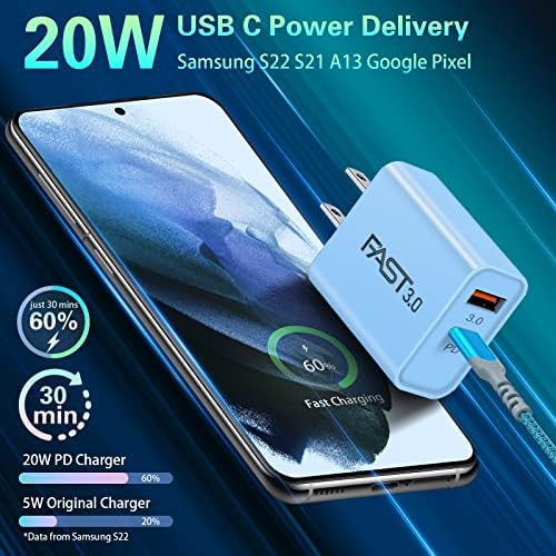 Dual Port Fast Charging Wall Adapter with 10 FT Right-Angle USB C Cable – 20 W USB-C Power Block for i Phone 16/15, Samsung Galaxy S25 Ultra, S24, S23, S10 – Efficient Charging Convenience for Home, Office, and Travel