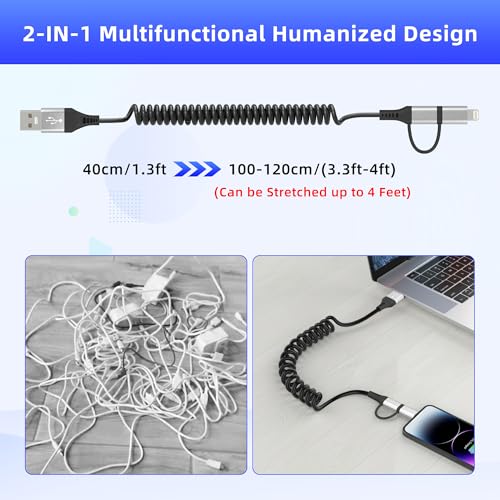 Versatile Coiled USB to USB-C & Lightning Cable Combo for i Phone and Android – MFi Certified Fast Charge & Data Sync up to 3 A – Tangle-Free Design for Apple Car Play & Android Auto Compatibility – Durable, High-Quality Charging Solution for Seamless Connectivity on the Go