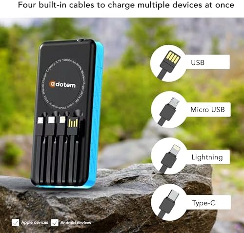 Ultimate Portable Solar Power Bank with Integrated Charging Cables – 10,000 m Ah Waterproof Battery Pack for Phones Featuring USB, Micro USB, Lightning, Type-C, and Wireless Charging – Perfect for Outdoor Adventures and Daily Use (Black Blue)