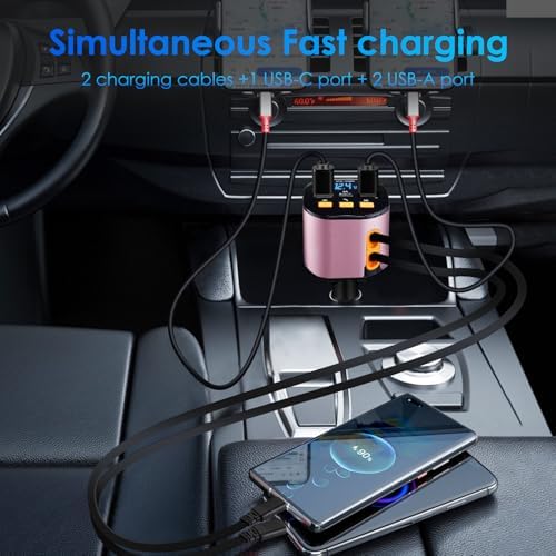 Ultimate 5-in-1 Fast Car Charger with Bluetooth 5.3 FM Transmitter – 90 W Retractable Charging Hub for i Phone 15/14/13 – Hands-Free Calling and Dual USB Ports for Seamless Connectivity and Quick Charging – Compact Black Design for Enhanced In-Car Experience