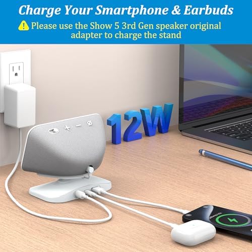 PlusAcc Stand for Show 5 (3rd Gen) – Adjustable Table Holder with 2 Charging Ports (USB-C & USB-A), Tilt Magnetic Base Station for Charge Cellphones and Earbuds, Non-Slip Base (Black) – Enhanced Compatibility and Speed