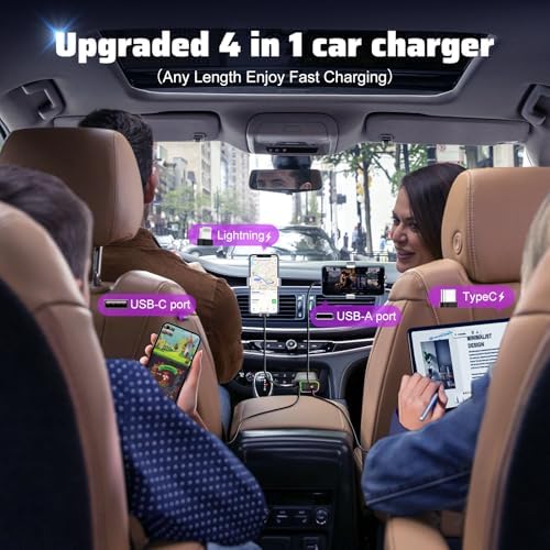 Illuminate Your Drive with the Starlight Retractable Car Charger – 4-in-1 USB-C Fast Charging Adapter with Dual Ports for i Phone, i Pad, and Air Pods, Enhanced Compatibility, Tangle-Free Design, and Mesmerizing Car Roof Ambiance for Effortless Road Trips