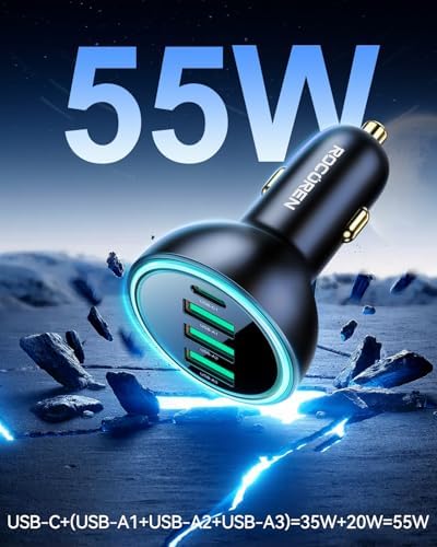 Rocoren 55 W 4-Port USB C Car Charger – Ultra-Fast PD3.0 & QC3.0 Charging Hub for i Phone 16/15/14, i Pad Pro, Samsung Galaxy S25/S24 Ultra, and Google Pixel – Compact Cigarette Lighter Adapter with Enhanced Safety Features for Effortless Travel Power Solutions