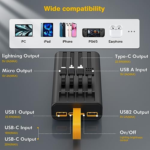 Ultimate 10,000 m Ah Portable Charger with Built-In Cables & LED Display – Fast Charging Power Bank for i Phone, Samsung & More – Essential Travel Companion with Integrated LED Lamp for On-the-Go Power Solutions