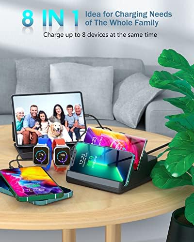 Ultimate 8-in-1 Wireless Charging Station – 15 W Dual Charger with 6 USB Ports for i Phone, Samsung, Android & i Watch – Efficient 80 W Fast Charging Hub for Home or Office Use – Safe, Sleek Design with Advanced Protection Features