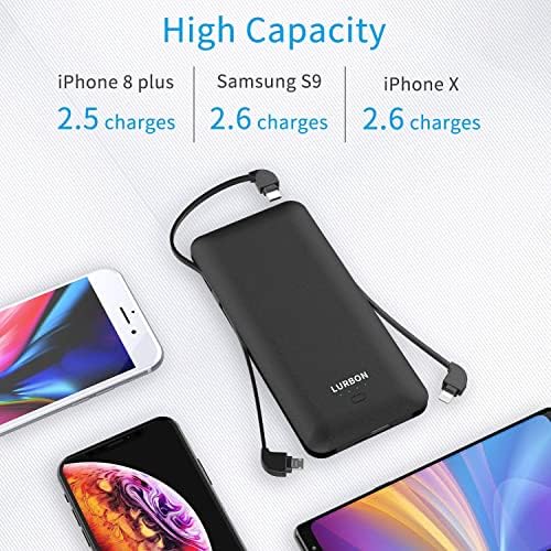 LURBON 10000 m Ah Slim Power Bank with Built-in AC Plug and USB-C Cable – Ultimate Portable Charger for Phones and Tablets, Enhanced Fast Charging for Travel and Everyday Use, Versatile Battery Pack with 3 Integrated Cables for Maximum Compatibility