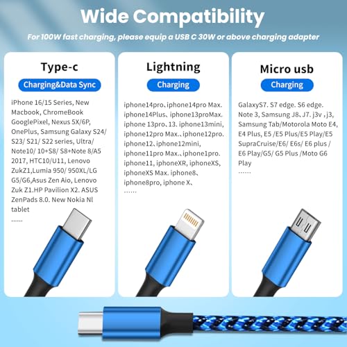 Power Up Your Devices with the 100 W USB C Multi Charging Cable – 3-in-1 Fast Charging Solution Featuring E-Mark Chip for Enhanced Safety and Universal Compatibility with USB C, Lightning, and Micro USB Devices – 5 FT Length, 2-Pack for Ultimate Convenience and Efficiency in Charging Smartphones, Tablets, Laptops, and More