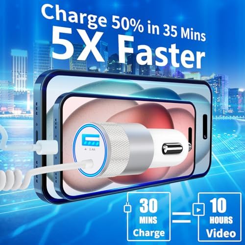 Rombica 105 W MFi Certified Dual USB-C & USB-A Fast Car Charger for i Phone 16 Pro Max – Ultimate Portable Power Solution with 6 FT Coiled Type-C Cable for Rapid Charging on the Go, Perfect for Road Trips and Daily Commuting
