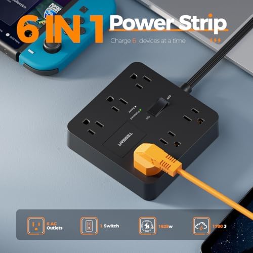 TESSAN 6-Outlet Black Surge Protector Power Strip with 3 USB Ports (1 USB-C) – 5 FT Flat Plug Extension Cord, 1700 Joules Surge Protection for Safe Charging in Home, Office & College Dorm – Compact and Versatile Multi-Device Charging Station
