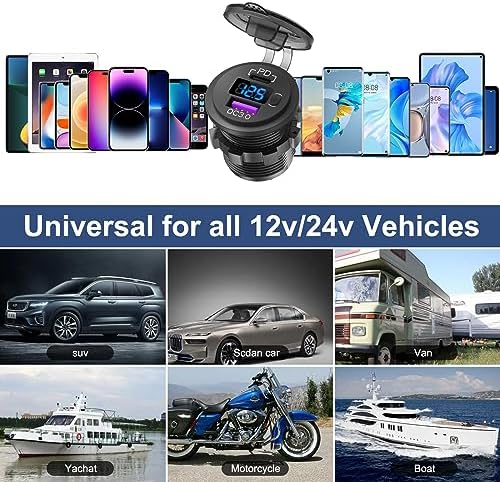 High-Performance 12 V USB C Car Charger Socket – 38 W Waterproof Adapter with PD 3.0 & QC 3.0 for Rapid Device Charging in Cars, Trucks, RVs, and Marine – Features Integrated Power Switch & Voltmeter for Battery Health Monitoring