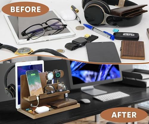 Wooden Phone Docking Station for Men – Nightstand Organizer with Key Holder, Wallet Stand, Watch Organizer and Headphone Holder – Anniversary Birthday Mens Gifts Idea for Dad Husband Boyfriend Uncle – Enhanced Compatibility and Speed