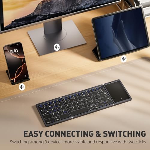 Ultra-Slim Foldable Bluetooth Keyboard with Touchpad – Portable Wireless Keyboard for Travel, Multi-Device Compatibility with Android, Windows, i OS – Lightweight Pocket-Sized Design with Built-in Stand for Effortless Typing on the Go