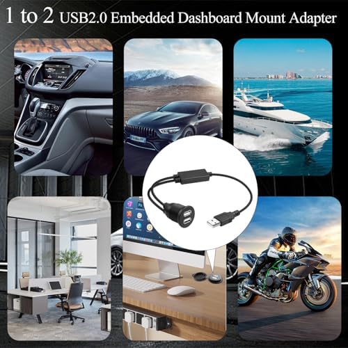 QIANRENON USB 1 to 2 Flush Mount Adapter Short Cable USB2.0 Male to 2 USB2.0 Female Threaded Fixed Panel Mount Connector, with Chip, Simultaneou 480Mbps Data Transfer 5V/2A Charging, 35cm/13.8in – Enhanced Compatibility and Speed