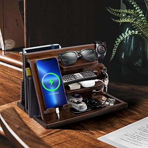 Gifts for Men, Wood Phone Docking Station, Mens Gifts for Birthday Gifts for Men or Gifts for Dad Fathers Day, Desk Workspace Organizer Nightstand Organizer Key for Wallet & Watch Holder – Enhanced Compatibility and Speed