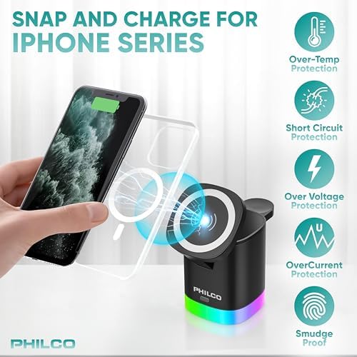 Philco 3-in-1 Magnetic Wireless Charging Station: Ultra-Fast 15 W Mag Safe Charger for i Phone 11-16, Apple Watch & Air Pods – Compact Foldable Design with USB-C Port & RGB Lighting for Enhanced Aesthetic and Efficiency
