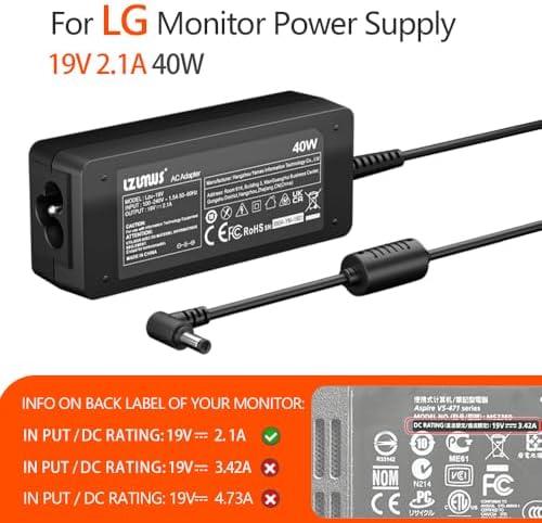 High-Performance 19 V 2.1 A AC Adapter for LG Monitors – Ultimate Replacement Charger for 19-32 Inch LED & Ultrawide Displays – Lightweight, Durable Power Supply for Enhanced Productivity in Home and Office Environments