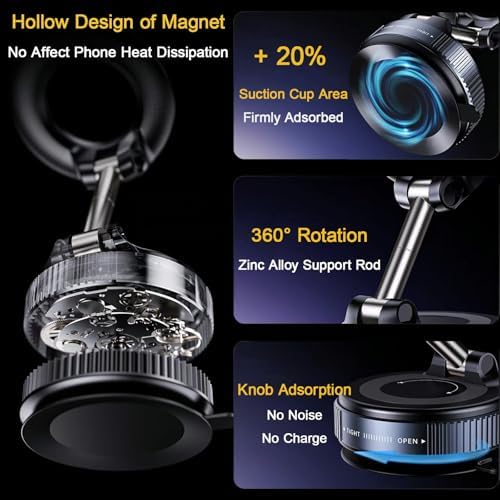 720°Rotatable Vacuum Magnetic Phone Stand, Vacuum Magnetic Phone Holder Foldable&Adjustable, Suction Cup Phone Mount for Car/Gym/Mirror/Shower/Smooth Surface, Compatible iPhone 16 15 14 13 12 &Android – Enhanced Compatibility and Speed