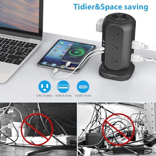 Revolutionize Your Charging Experience with the AOFO Power Strip Tower: 12 AC Outlets & 4 USB Ports (1 USB-C) Surge Protector with 10 Ft Extension Cord, Overload Protection, and Bulky Plug Compatibility for Home, Office, and Dorm Efficiency.